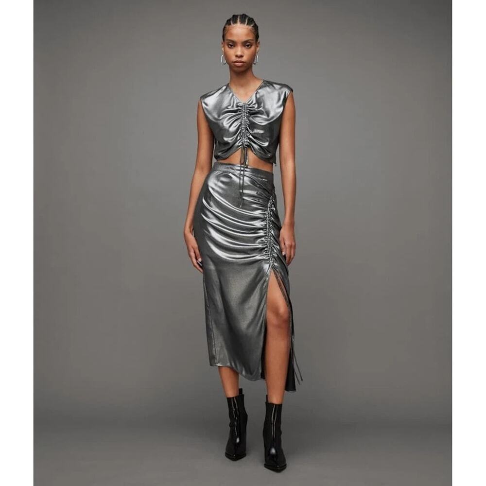 NWT ALLSAINTS Metallic Asymmetrical Skirt 0 Ruched Side Split Indie Sleaze Y2K